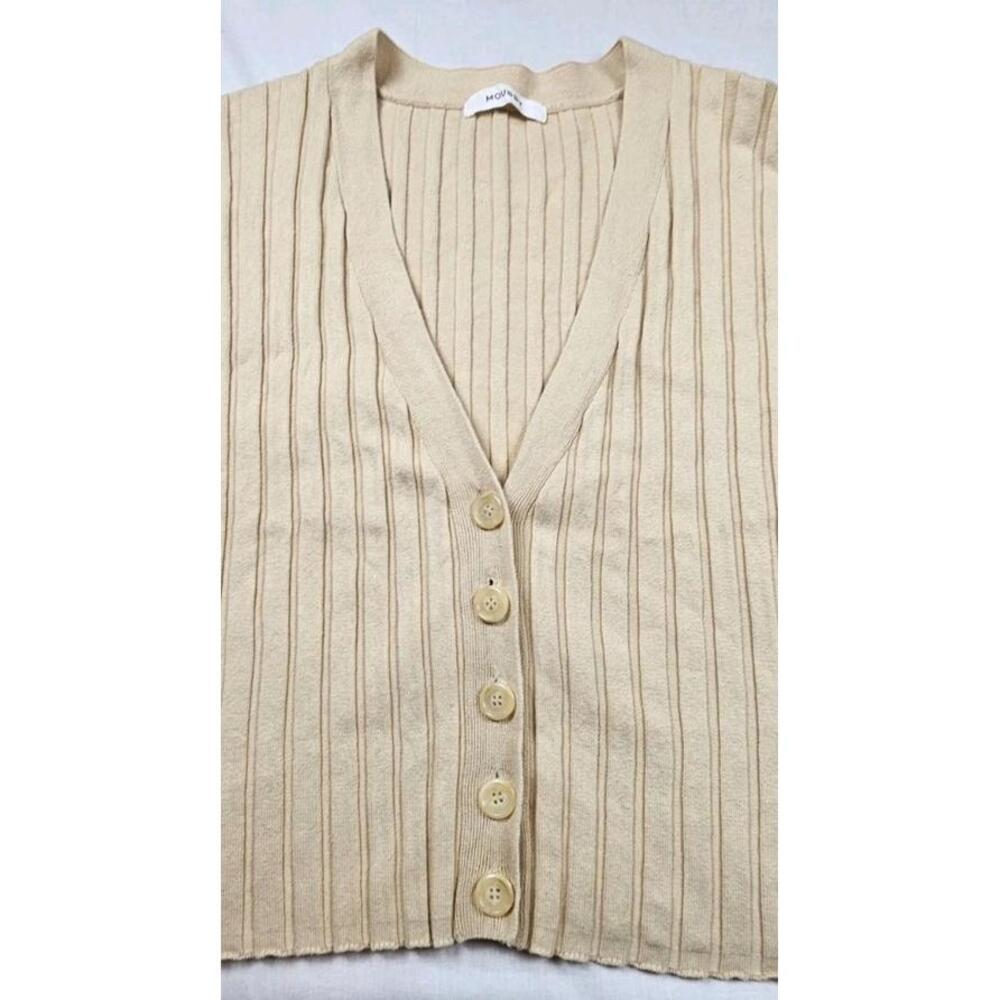 Moussy Cream-Colored, Ribbed Knit, Button-Front Cardigan Sweater - Picture 2 of 6